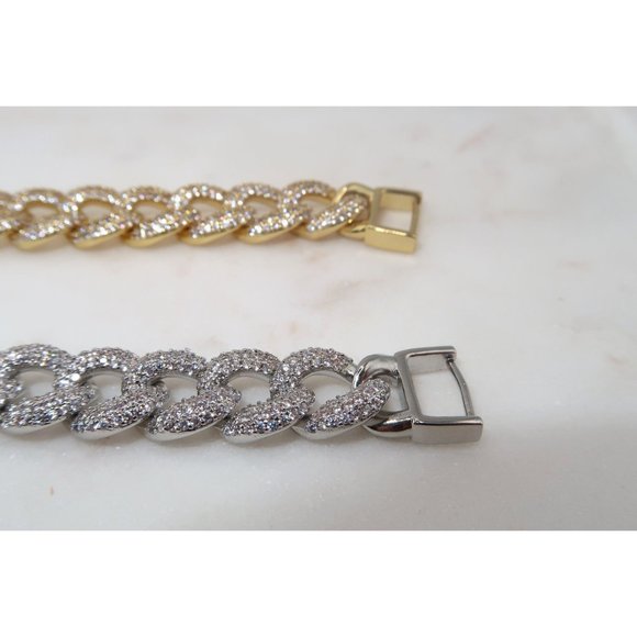 Gold Plated 12mm Pave Diamond CZ Cuban Link ID Bracelet, Cuban Link Bar Bracelet - Picture 5 of 8